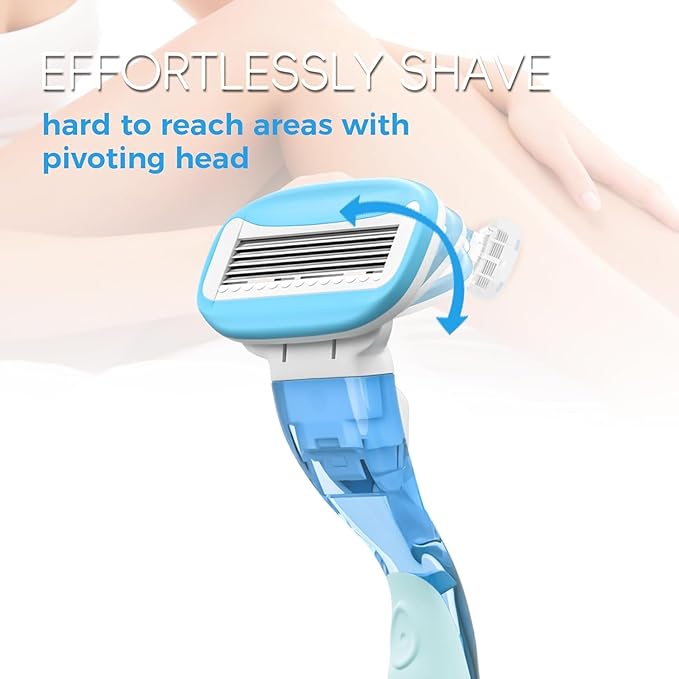Razors for Women with 4 Razor Refills and 1 Non-Slip Handle, Womens Razors for Shaving with Organic Lubricating Strip, Disposable Razor with 5 Blades (Sky Blue)