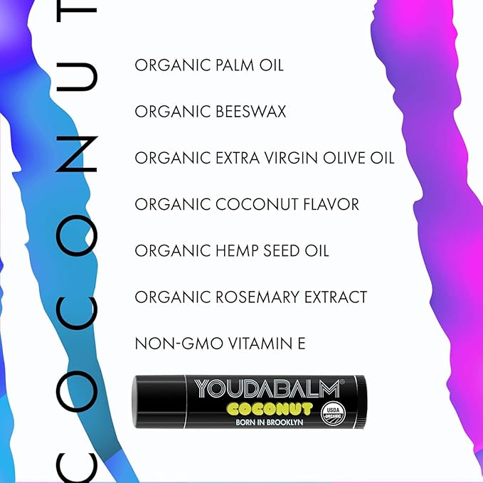 Organic Lip Balm, Coconut Flavor - 100% Natural Lip Moisturizer, USDA Certified - Lip Balm for Dry, Cracked Lips (3 Pack)