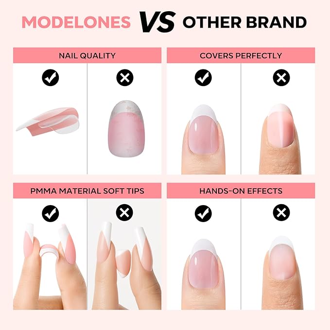 modelones French Tip Press on Nails, 150Pcs Short Almond Fake Nails with Nail Box, Pink Gel Nail Tips for Women, Soft Glue-On Nails for Natural Salon Look, DIY Nail Art Kit (15 Sizes)