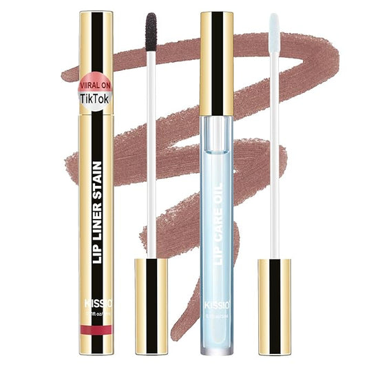 KISSIO Lip Stain Set,Peel Off Lip Liner Stain and Lip Care Oil,Transfer Proof,Long Lasting and Waterproof Lip Tint,Matte Finish,Lip Combo,05 Light brown