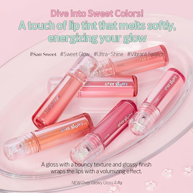 ETUDE Over Glowy Lip Gloss #5 Popping Candy | Non-Sticky Vegan Lip Tint | Moisturized & Long-lasting Lip Gloss | Daily Lip Stain for Dry Lips, Korean Makeup, K-beauty, Perfect for Gift
