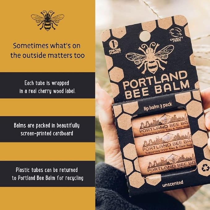 Portland Bee Balm All Natural Handmade Beeswax Based Lip Balm, Unscented 3 Count