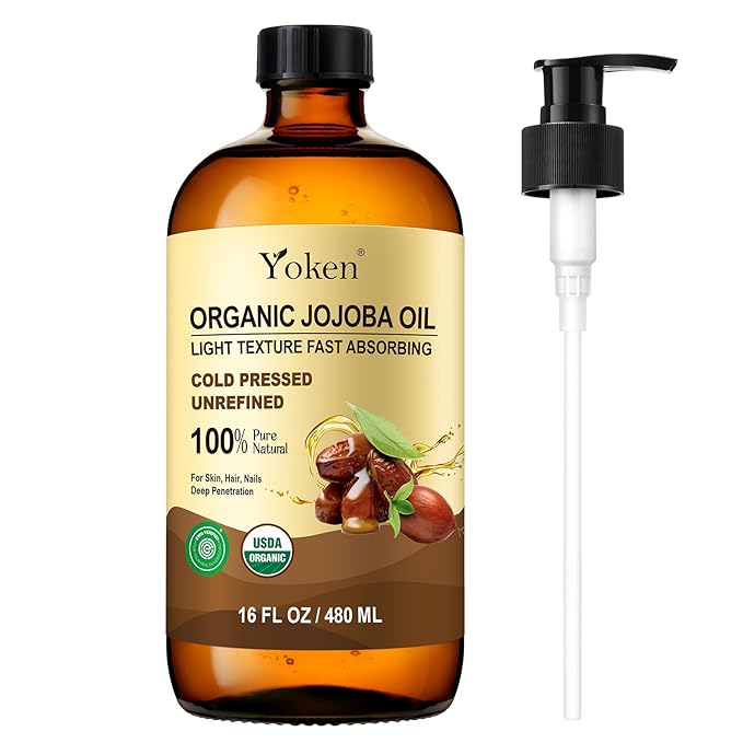 Yoken Organic Jojoba Oil Glass Bottle 16 fl oz, USDA Certified 100% Pure & Natural Jojoba Oil for Hair, Skin & Face, Cold Pressed Unrefined Hexane Free, Deeply Moisturizing Body Serum for Gua Sha