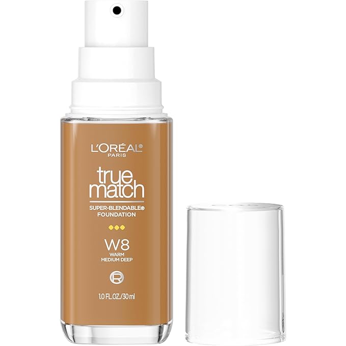 L'Oreal Paris True Match Super-Blendable Foundation, Medium Coverage Liquid Foundation Makeup, W8, Medium Deep, 1 Fl Oz
