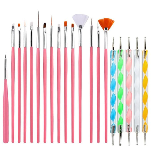 20pcs Nail Art Brushes Set, Nail Art Design Pen Painting Tools with Nail Extension Gel Brush, Nail Polish Brush, Builder Nail Gel Brush, Dotting needle,Adhesive drill pen (PinkFlower)