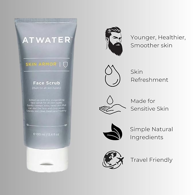 ATWATER Skin Armor Exfoliating Face Scrub,Men’s Facial Cleanser - Smoothes and Cleans Skin to remove Dead Skin - Travel Size Mens Face Exfoliator Leaving you Fresh and Vibrant - 3.4 oz (2 pack)