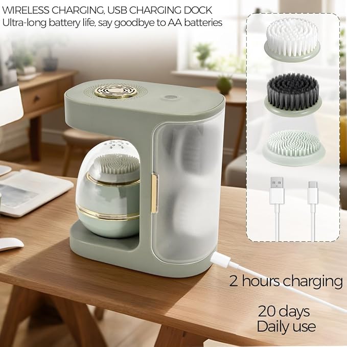KangGlow Electric Silicone Face Cleansing Brush with UV-C, Sonic Facial Massager with 3 Modes & 3 Brush Heads, Exfoliating & Deep Pore Cleaning, Auto-Drying, Wireless Charging Ket