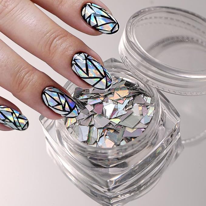Aurora Laser Silver Glitter for Nails Sparkly Irregular Chunky Glitter Sequin Nail Charms for Nails Design Nail Glitter Flakes Holographic Iridescent Glitter Nail Sequins for Crafts Nail Art Supplies