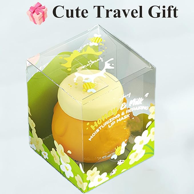 Honey Lip Mask, 3 In 1 Cute Hydrating Lip Mask for Women Girls, Honey Lip Balm with Wand, Milk Lip Masks for Dry Lips, Day and Night Night Lip Mask, Skin Care Lip Mask with Mirror
