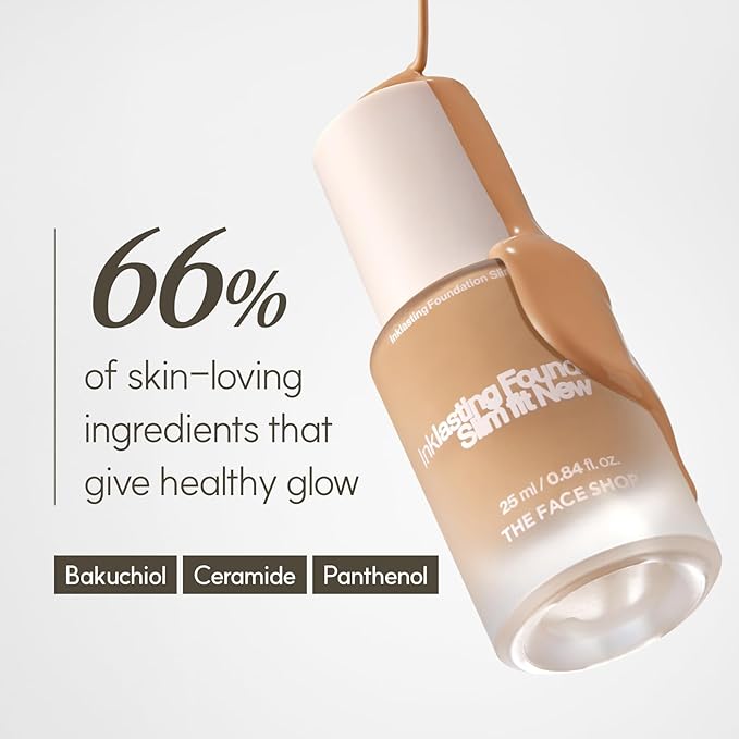 THE FACE SHOP Ink Lasting Liquid Foundation, Full Coverage, 72‑Hour Wear Semi‑Matte Finish, Makeup with Bakuchiol, N110 Buttercream, 0.84 Fl. Oz.