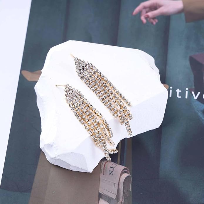 Vintage Rhinestone Chandelier Tassel Earrings Crystal Chain Drop Earrings Gold Long Tennis Chain Earrings Shine Chandelier Bridal Earrings Jewelry for Women