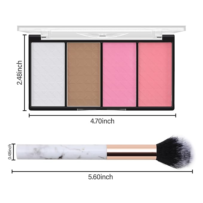 Contour Highlighter Blush Powder Makeup Palette, 4 Colors Matte Face Contour Shading with Professional Makeup Brush