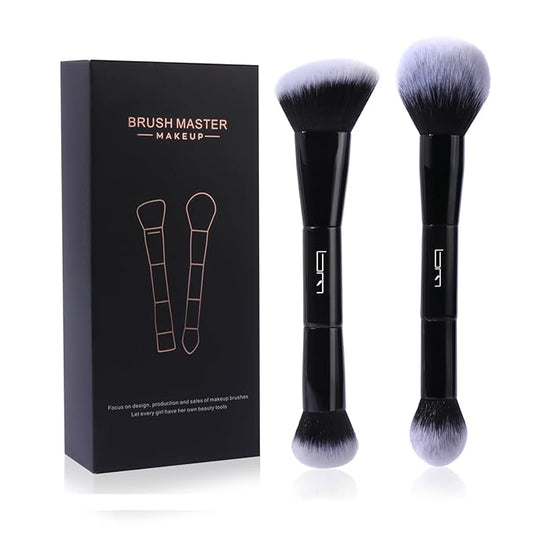 2Pcs Duo End Makeup Brushes, Foundation, Powder, Contour, Concealer, eye makeup Brush, Double-ended Multi-functional Synthetic Cosmetic Tools Makeup Brushes(Black)