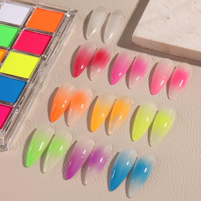 Neon Phosphor Nail Powder Set - 10 Colors, Fluorescent Glitter Gradient, Iridescent Rubbing Dust, Ombre Brush for DIY Nail Art