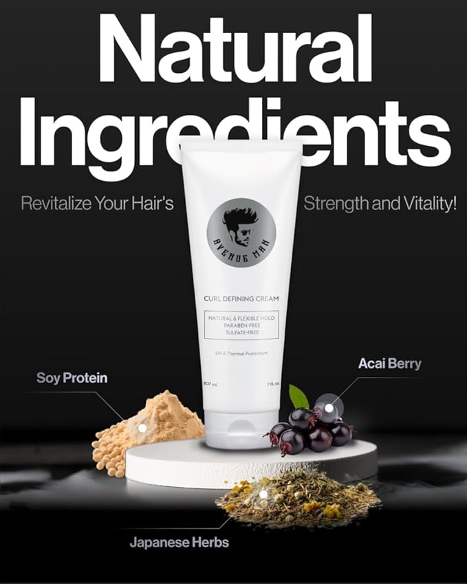 Avenue Man Curl Defining Cream - Improved Formula - Natural & Flexible Hold with Herbal Extracts for All Hair Types - Paraben Free & Sulfate Free