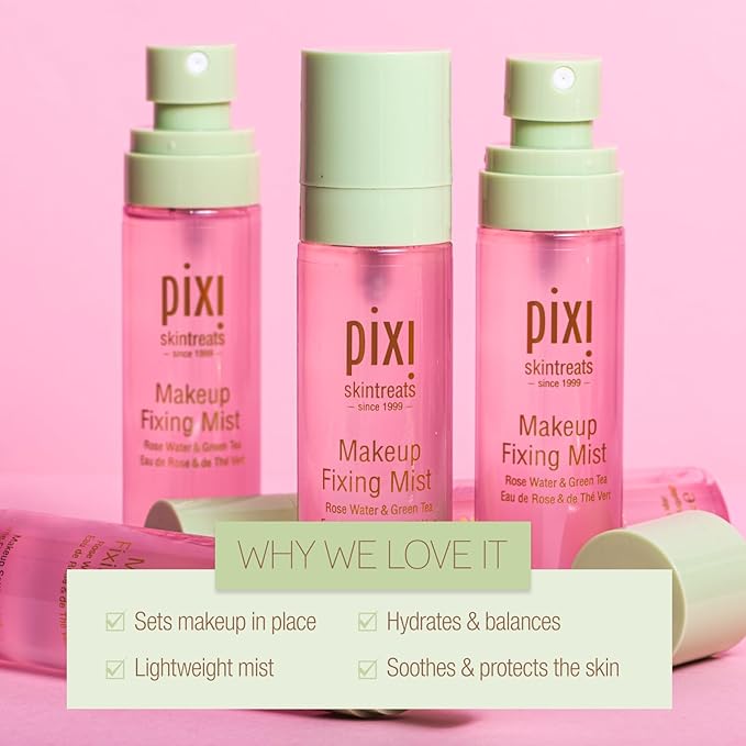 Pixi Beauty Makeup Fixing Mist 80ml, All Over Setting Spray For Longer Wearing Makeup, Rose Water and Green Tea Infused, 2.7 Fl Oz