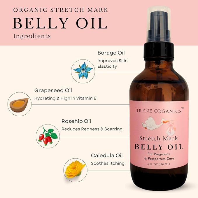 Organic Belly Oil for Pregnancy Stretch Mark Prevention and Treatment Award Winning Anti Stretch Mark Tummy Oil For Pregnancy and Postpartum - Hydrating Bump Serum