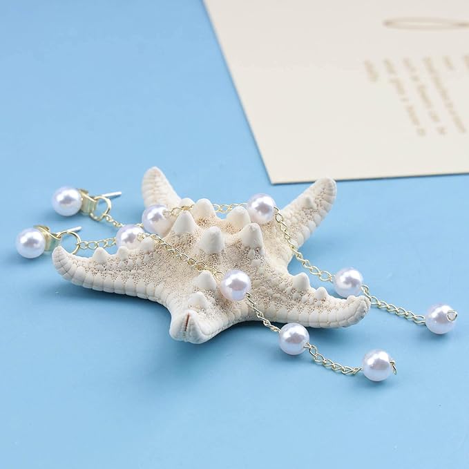 Boho Pearl Dangle Earrings Gold Pearl Drop Stud Earrings Long Pearl Tassel Earrings Vintage Pearl Linear Earrings Jewelry for Women and Girls