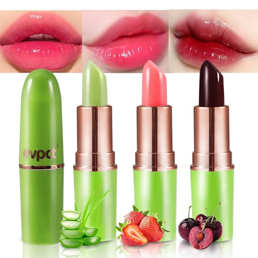 evpct 3Pcs Magic Color Changing Lipstick 24 Hours Original for Women Lasting Waterproof, Aloe Vera Strawberry Black Red Cherry PH Mood Permanent Hardpointing color changing Lipstick Tinted Lip balms