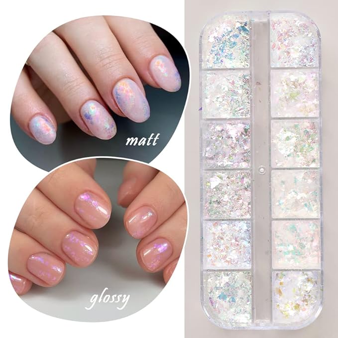 Holographic Iridescent Nail Art Nail Glitter KALEFUL Powder Aurora Foil Sequins Flakes Paillettes Designs Manicure Nail Decorations - 12 Grids