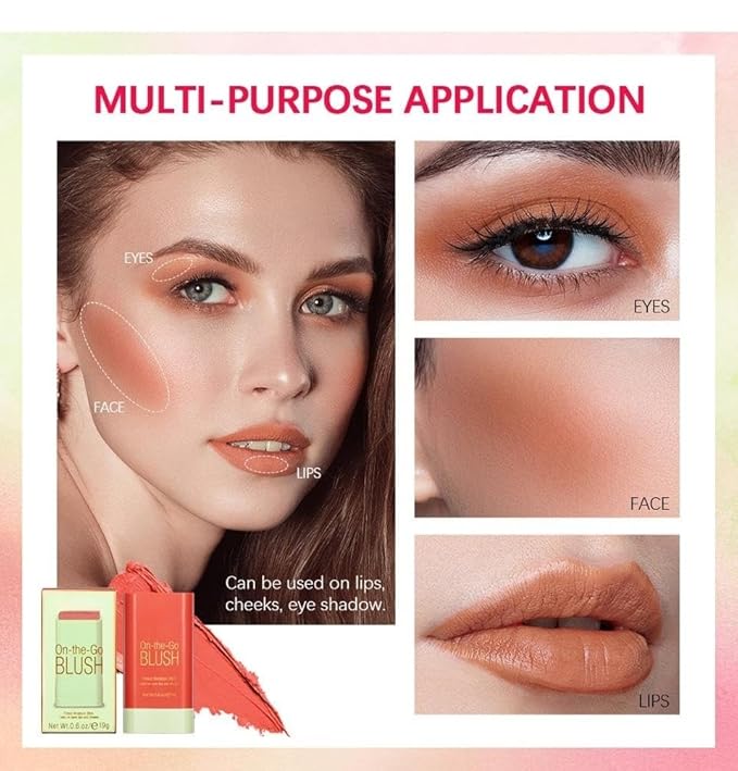 On-the-Go Makeup Blush Stick Tinted Moisture Stick, Shadow Lips Cheek Blusher Creamy Makeup Long Lasting Natural Nude Makeup for All Skin (orange)