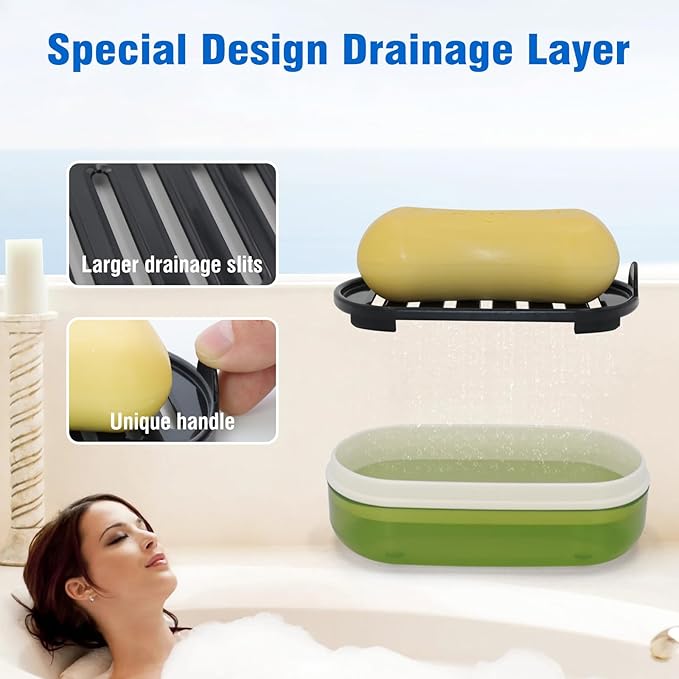 Soap Holder - Portable Travel Soap Case with Draining Layer - Perfect for Bathroom, Gym, Camping, Traveling (Green)