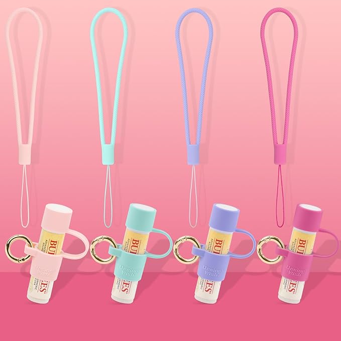 Desing Wish Silicone Lip Balm Holder with Cap Cover Portable Chapstick Holder Keychain Sleeve Lip Balm Key Chain with Key Ring and Wrist Strap Lanyard - Purple