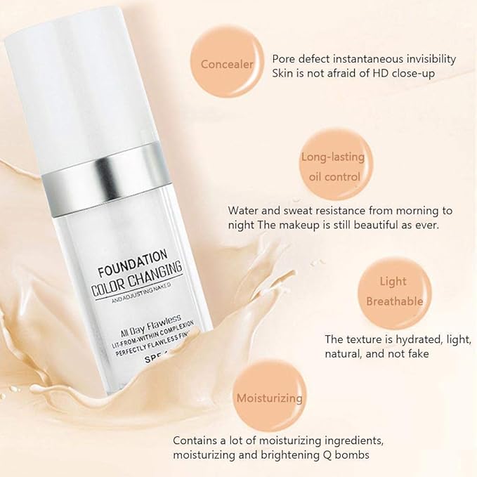 TLM Concealer Cover Cream, Flawless Colour Changing Foundation Makeup, Warm Skin Tone Foundation liquid Base Nude Face Moisturizing Liquid Cover Concealer for Women and Girls