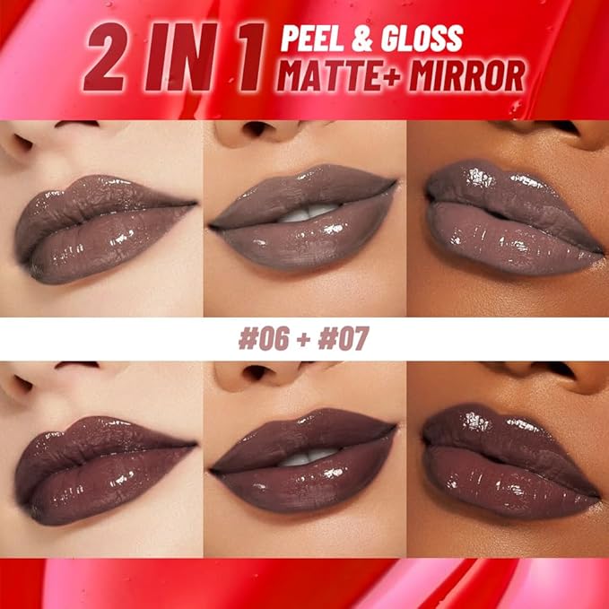 2Pcs Liquid Lip Stain Peel Off Lip liner and Lip oil with Tweezer, Dual-Ended Peel Off Lip Stain Tattoo, Highly Pigmented Long Lasting Waterproof, Transfer-proof for All Skin Types, 06#+07#