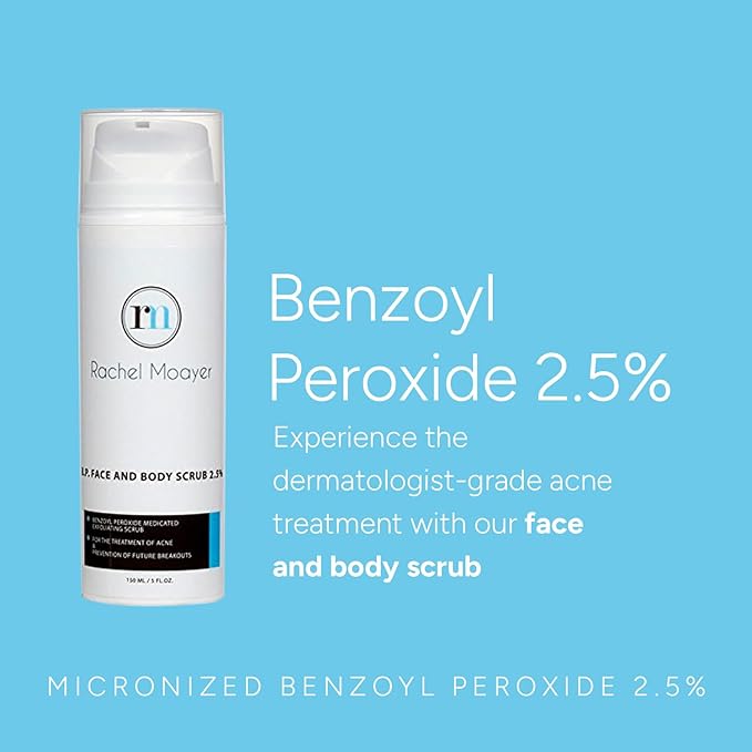 Rachel Moayer Skincare Acne Face & Body Scrub with 2.5% Micronized Benzoyl Peroxide, Facial Exfoliating Scrub for Acne Care, No Prescription Needed