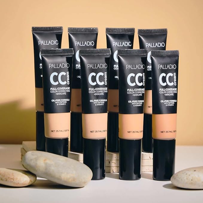 Palladio Full-Coverage Color Correction CC Cream, Oil-Free with Peptides & Vitamin C, Best for Correcting Redness and Uneven Skin Tone, Buildable Foundation Coverage (Light 22N)