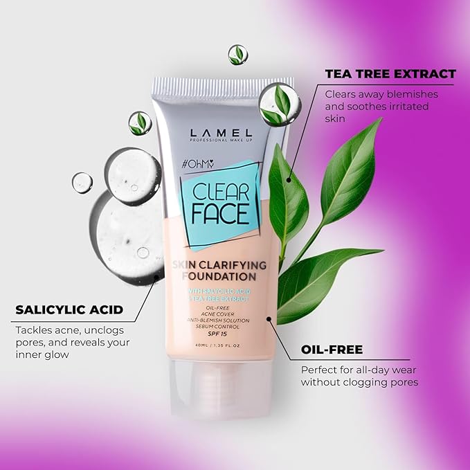 LAMEL OhMy Clear Face Full Coverage Foundation - Acne Coverage - Salicylic Acid & Tea Tree Extract - Dewy & Flawless Finish - Sensitive Skin Care - Organic & Oil-Free - 401, 1.35 fl.oz