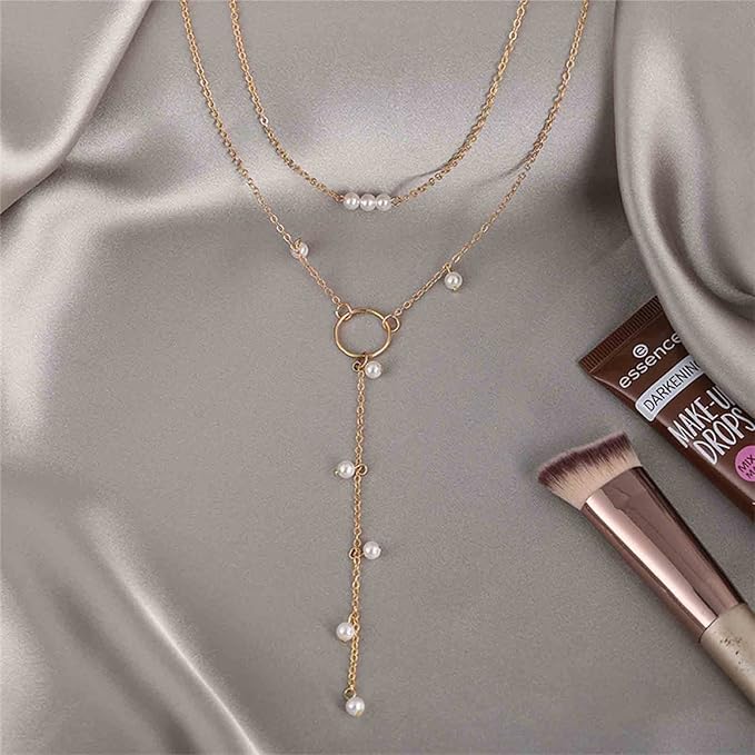 Boho Circle Pearl Lariat Necklace Gold Long Lariat Chain Necklace Tiny Pearl Choker Necklace Drop Pearl Chain Y Necklace Jewelry for Women and Girls Gifts