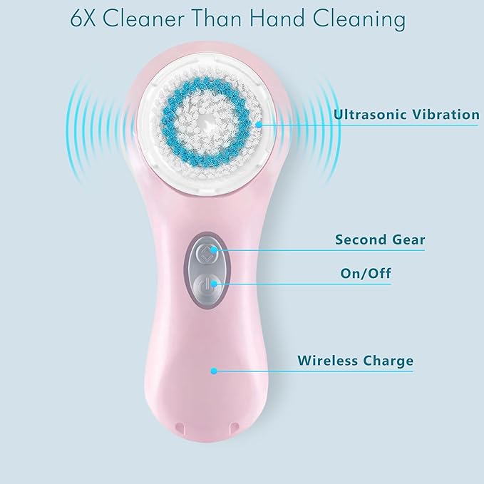 Facial Cleansing Brush, Sonic Vibrating Face Scrubber Exfoliator for Women Skin Care, Face Brushes for Cleansing, Exfoliating, Electric Rechargeable Waterproof 2 Speeds for Home & Travel
