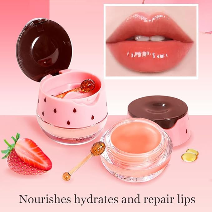 Bee Lip Balm Honey Pot, 2 PCS Strawberry & Honey Hydrating Prevention Dry and Cracked Lip Scrubs Exfoliator, Propolis Moisturizing Lip Sleep Mask Reduces Lip Lines, Lip Exfoliating Honey Bee Lip Mask