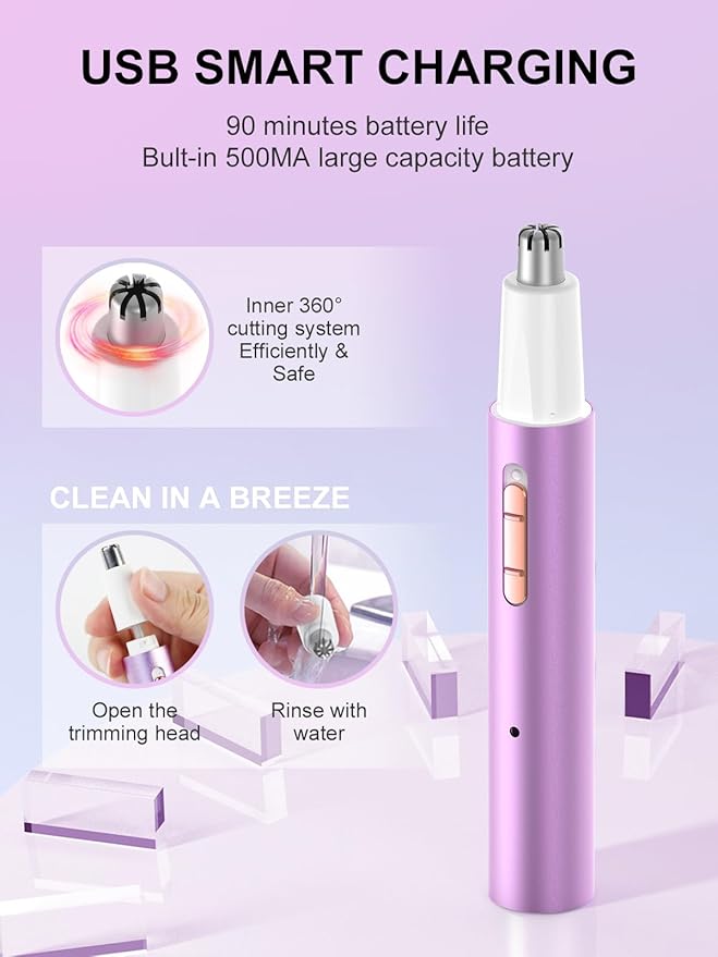 Nose Hair Trimmer for Women Men,2025 Rechargeable 2 in 1 Eyebrow & Facial Trimmer, Professional Painless Ear Hair Trimmer with Powerful Motor and Dual-Edge Blades Easy Cleansing (Purple)