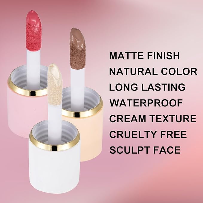 3Pcs Liquid Contour Makeup Trio with Bronzer Shade, Blush, Highlighter for Sculpted Makeup, Matte Finish Liquid Contour Set Easy to Create a Lightweight Look, Longwear Waterproof Formula (4, 7, 12)