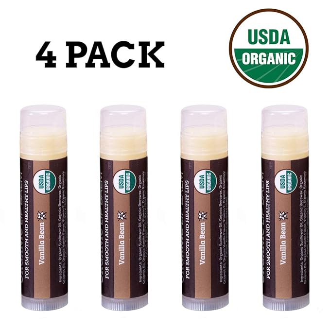 USDA Organic Lip Balm 4-Pack by Earth's Daughter - Vanilla Flavor, Beeswax, Coconut Oil, Vitamin E - Best Lip Repair Chapstick for Dry Cracked Lips.