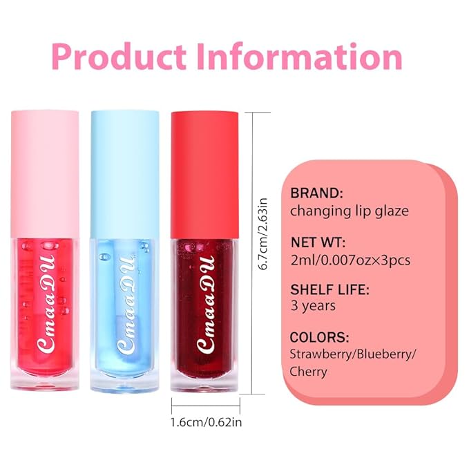 BINGBRUSH 3 Pcs Fruity Color Changing Lip Gloss for Girls, Pink Magic Mood Lip Oil Tinted, Temperature Color Change Lip Stain Lip Balm, Longlasting Lips Will Not Dry Out