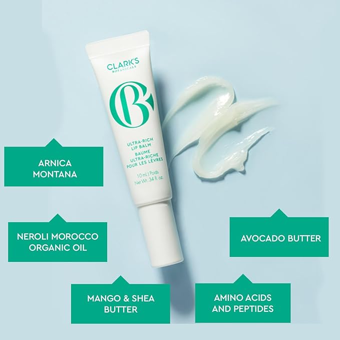 Clark's Botanicals Ultra Rich Lip Balm: Plumping Moisturizer with Collagen and Shea, Mango & Avocado Butter + Vitamin E, Stimulating Organic Lip Treatment | 0.34 fl oz (Pack of 1)