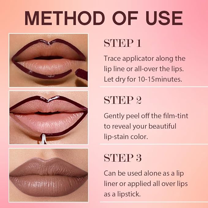 Peel Off Matte Liquid Lip Gloss Stain-Lip Liner with Tweezer, Pinkish Red Peel Off Lip Stain, Long Lasting & Waterproof Lipstick Tattoo, Transfer-Proof Lip Gloss for All Skin Types (06#, 1Pcs)