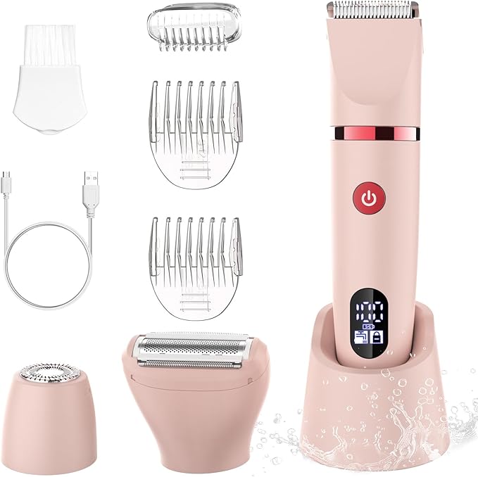 3-in-1 Electric Razor IPX7 Waterproof Bikini Trimmer Wet & Dry Use Painless Personal Trimmer Groomer for Ladies Face Body Legs Bikini Public Hairs Electric Lady Shaver with Replaceable Heads