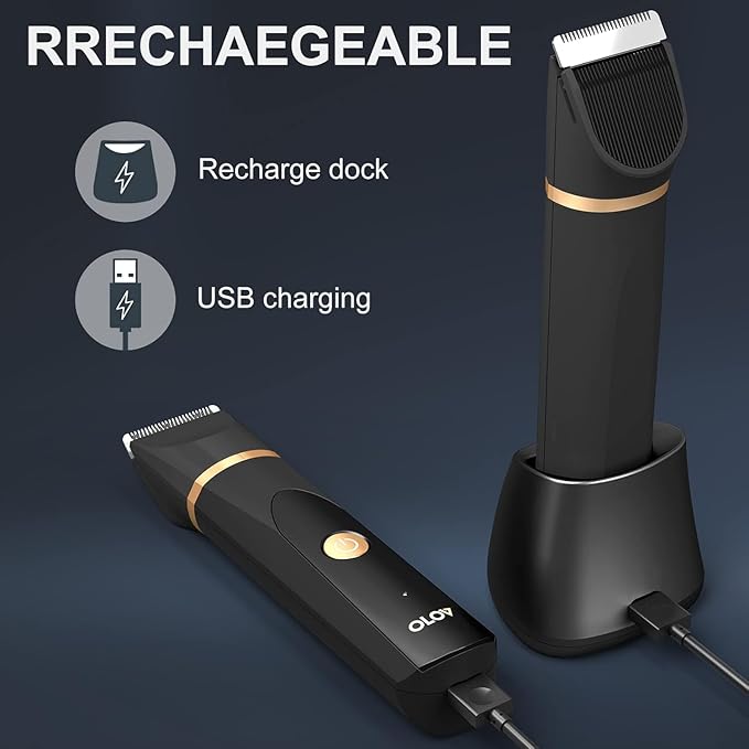 OLOV Electric Body Hair Trimmer - Groin Trimmer for Men - Bikini Trimmer Women - Wet/Dry Shaver Groomer, Replaceable Ceramic Blade Heads, USB Recharge Dock, Waterproof Hygiene Razor,Black