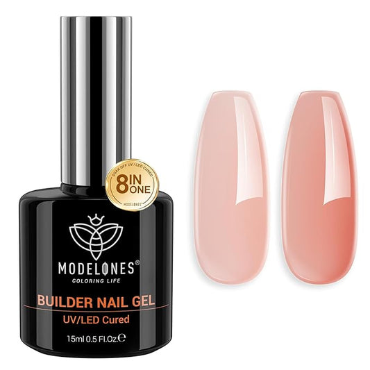 modelones Builder Nail Gel, 8-in-One Sheer Nude Pink Builder, Apricot Blush Pink Rubber Base for Nail Thickening Apex Building LED Lamp Cured Hard Strengthener Extend Color Gel Polish for DIY Salon