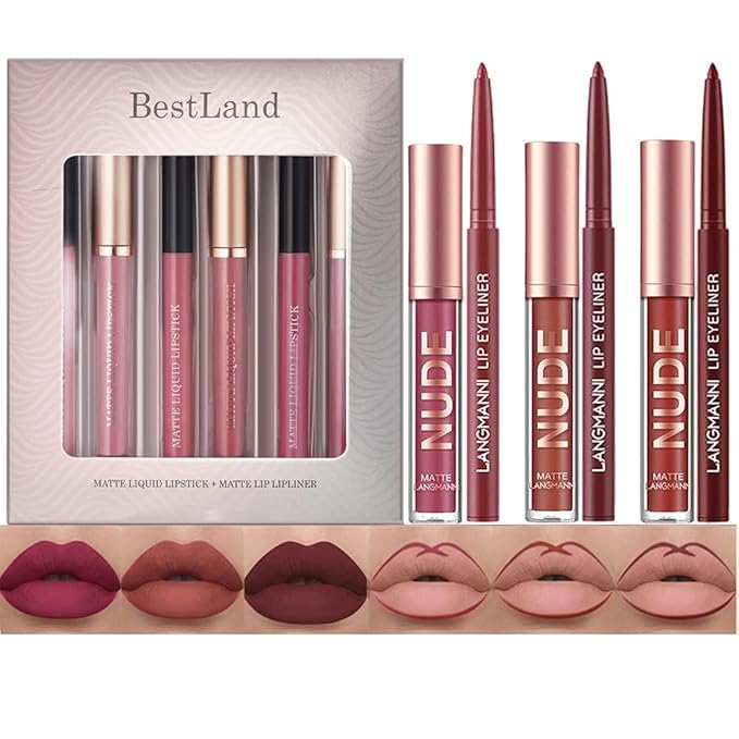 BestLand 6Pcs Matte Liquid Lipstick + Lip Liner Pens Set, One Step Lips Makeup Kits Pigment Velvety Nude Lip Stain Waterproof Long Wear Lip Gloss Make up Gift Set (Vintage Charm Lip Set)
