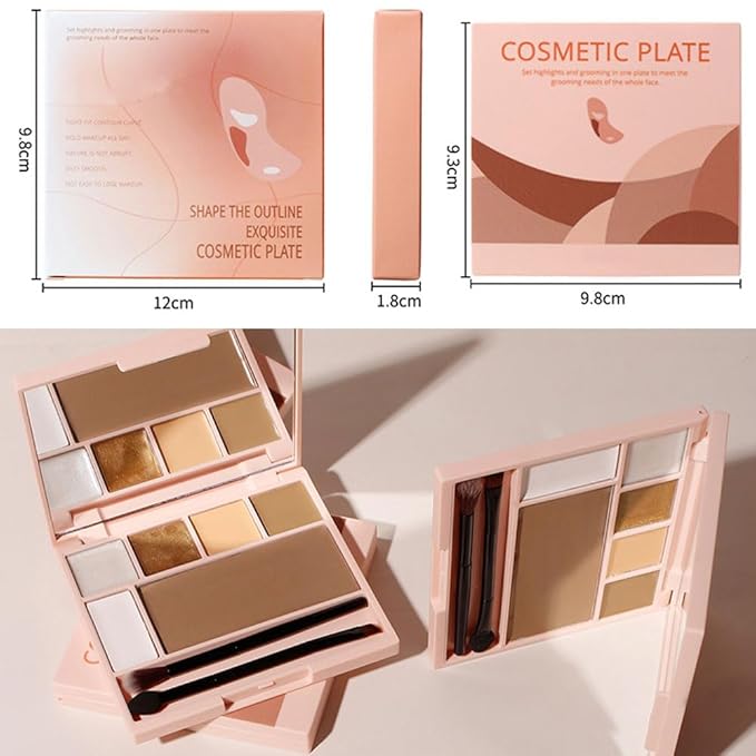 Pro Cream Highlight and Contour Palette Kit with Mirror & Brush for Women. White Silver Gold Highlight Brown Face Correcting Concealer Palette