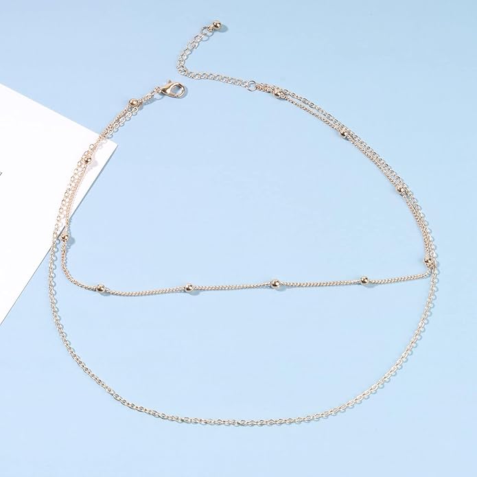 Boho Layered Satellite Choker Necklace Gold Ball Chain Necklace Short Collar Necklace Vintage Double Layer Necklace Jewelry for Women and Girls Gifts