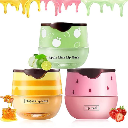 Bee Lip Balm Honey Pot, Strawberry & Honey Moisturizing Propolis Lip Mask, Hydrating & Prevention Dry and Cracked Lip Scrubs Exfoliator, Reduces Lip Lines (Green Yellow Pink)