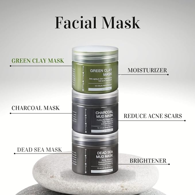 Clay, Dead Sea Mud & Charcoal Gel Face Mask Trio With Applicator, Deep cleansing Clay and Mask Applicator, Facial Therapy PH Balanced Hypo-allergenic