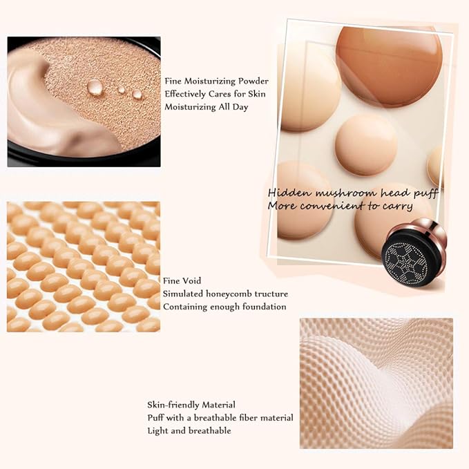 GL-Turelifes Mushroom Head Air Cushion Foundation CC Cream Water Feeling Flawless BB Cream Moisturizing Oil Control, Lightweight & Smoothing Natural Concealer (Natural Color)